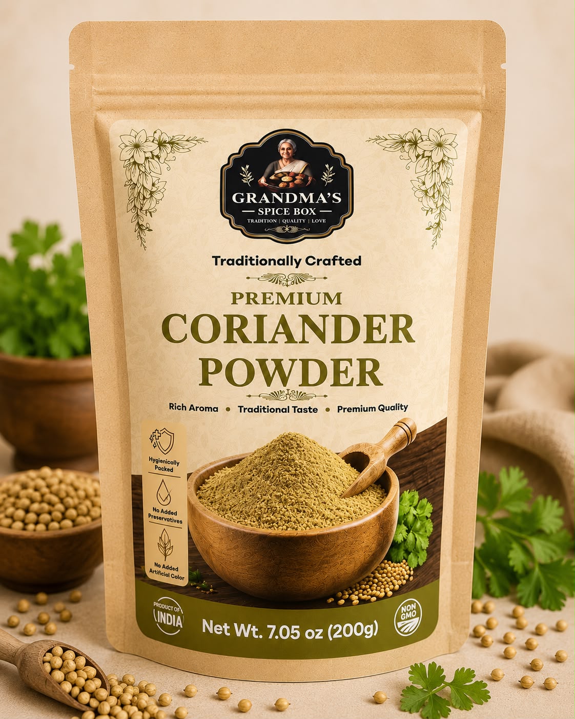 Grandma's Spice Box Premium Coriander Powder pouch, front view