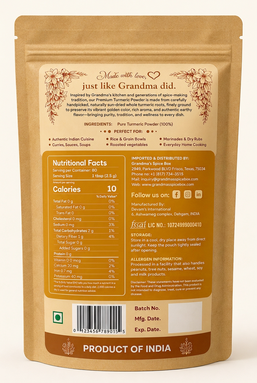 Premium Turmeric Powder pouch, back label with ingredients and nutrition facts