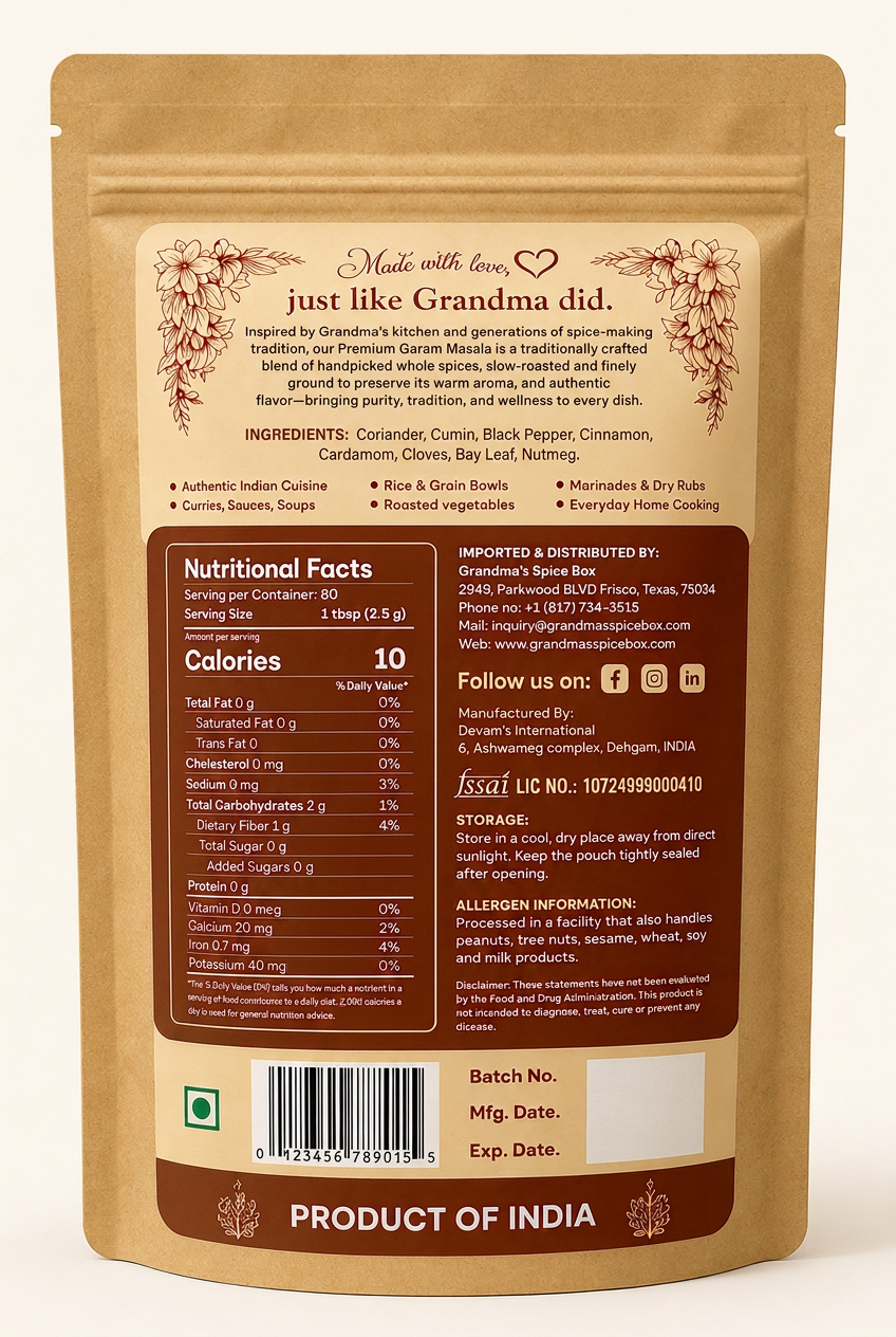 Premium Garam Masala pouch, back label with ingredients and nutrition facts