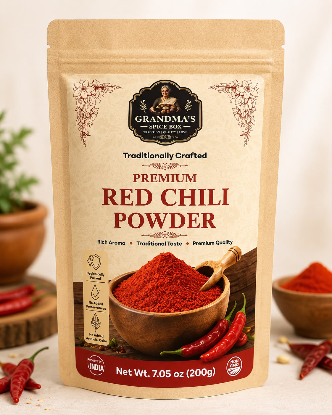 Grandma's Spice Box Premium Red Chili Powder pouch, front view