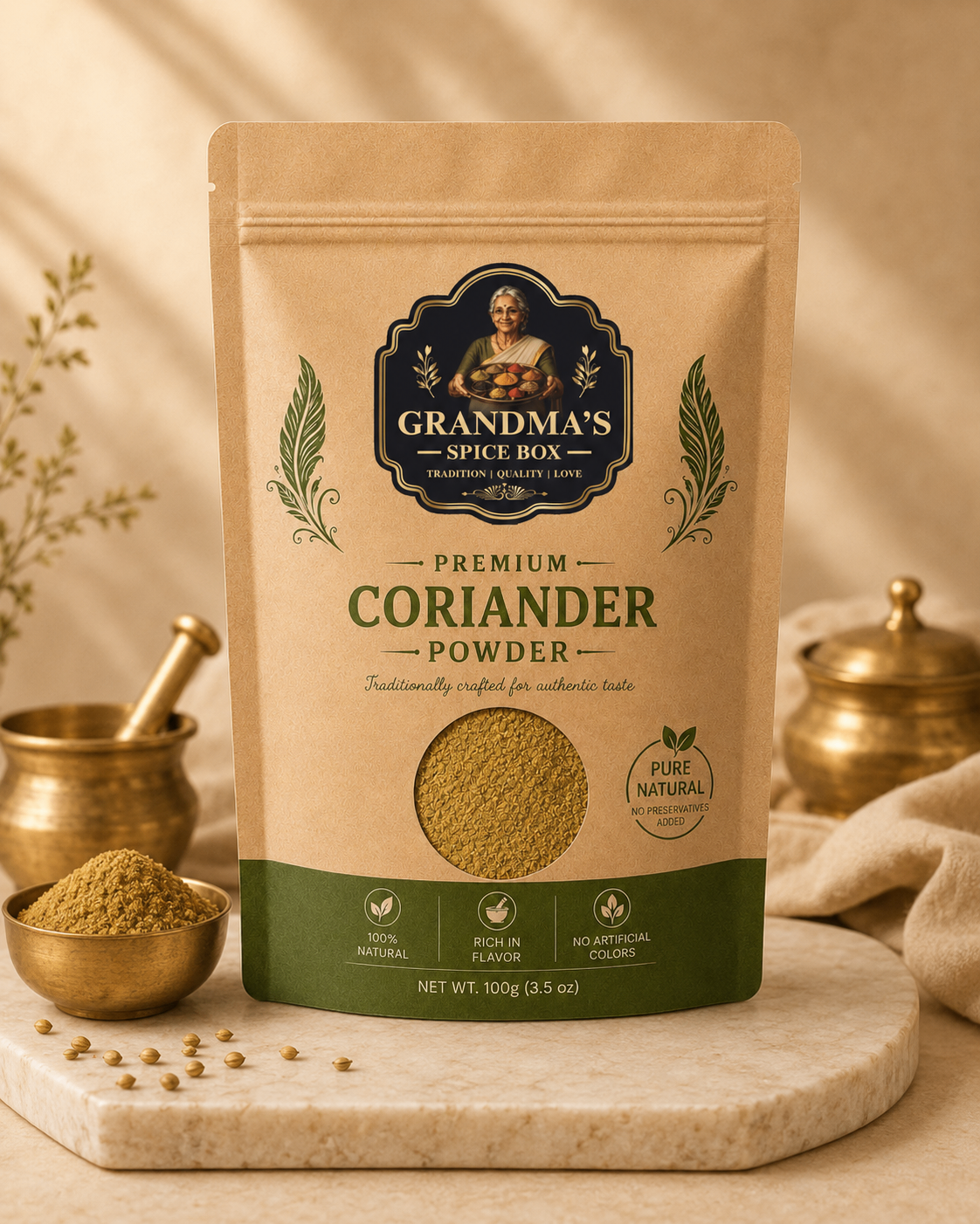 Grandma's Spice Box Premium Coriander Powder pouch, front view