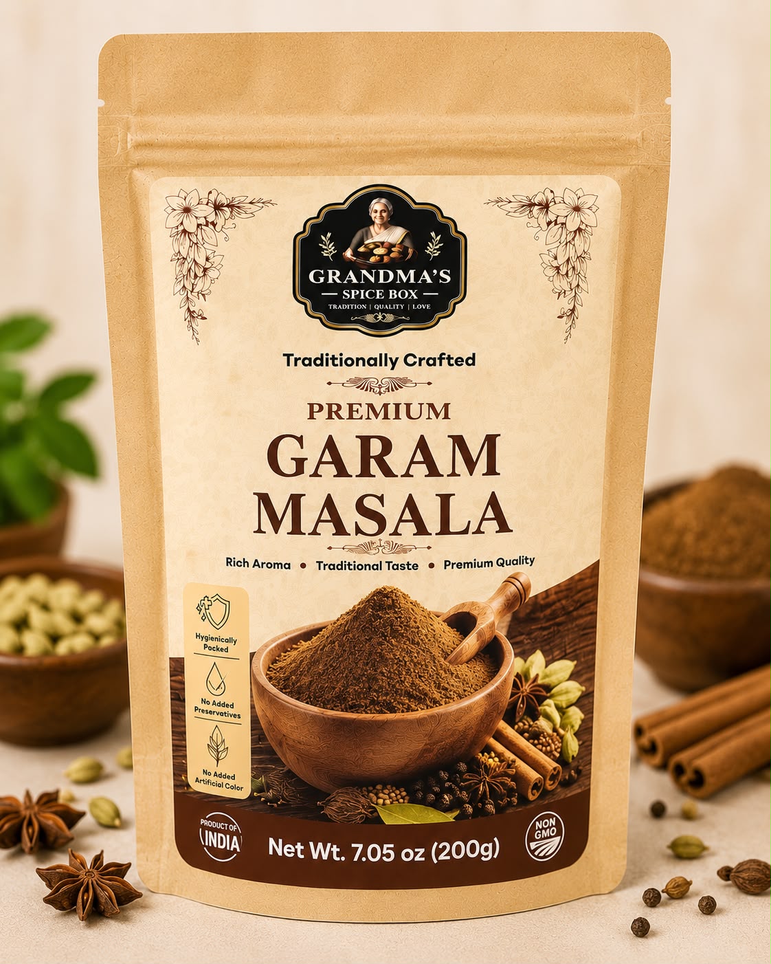 Grandma's Spice Box Premium Garam Masala pouch, front view