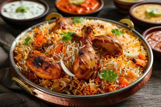 Chicken biryani served in a copper dish