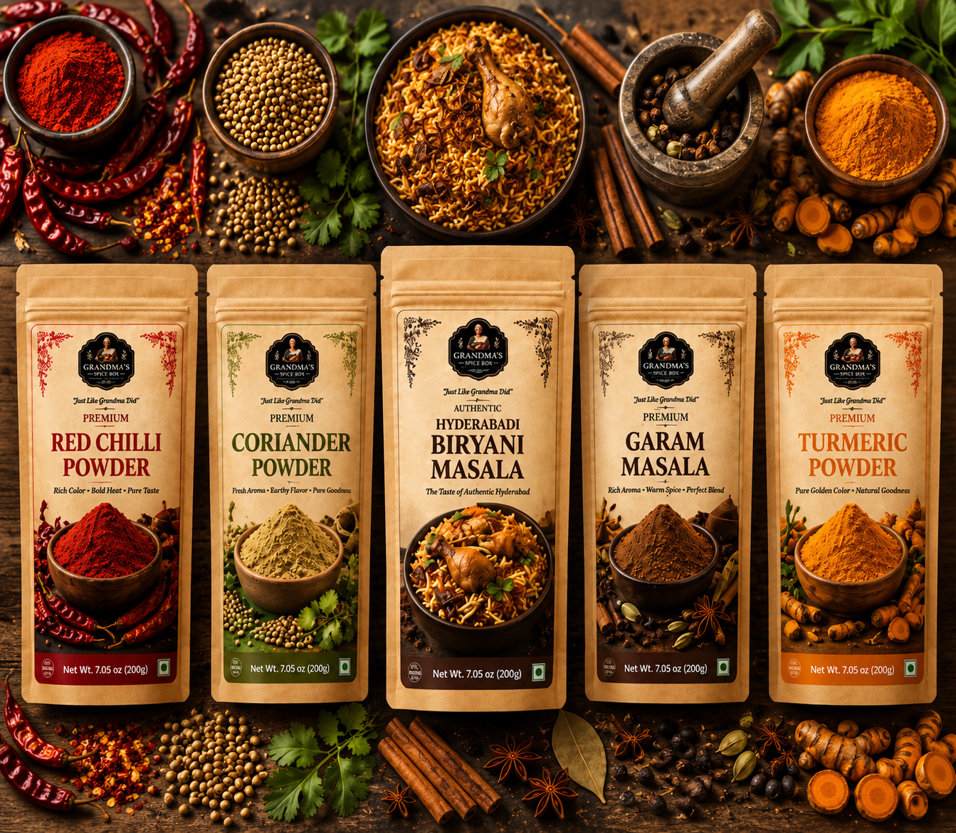 The full Grandma's Spice Box collection of five spice pouches with whole spices
