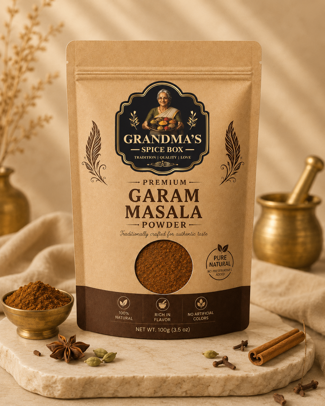 Grandma's Spice Box Premium Garam Masala pouch, front view