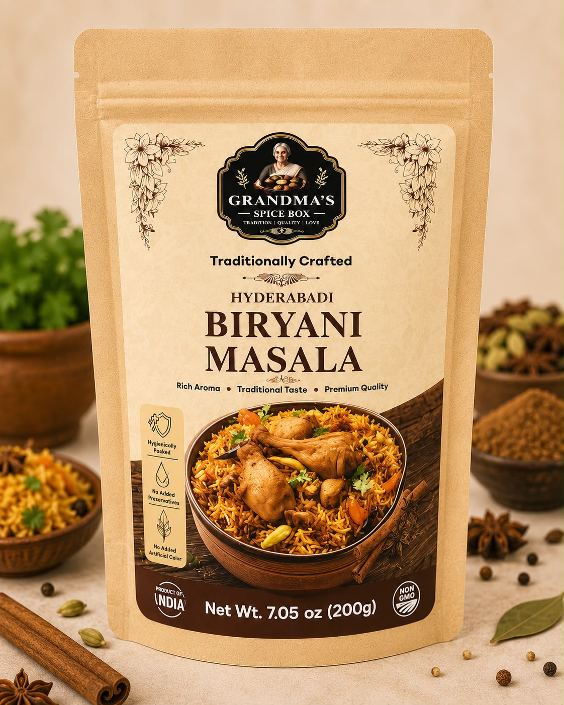 Grandma's Spice Box Hyderabadi Biryani Masala pouch, front view