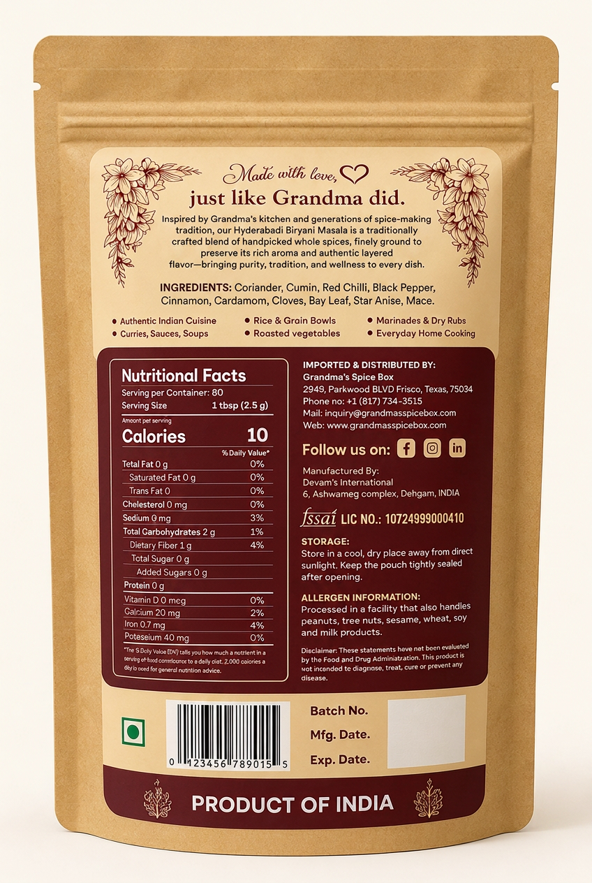 Hyderabadi Biryani Masala pouch, back label with ingredients and nutrition facts