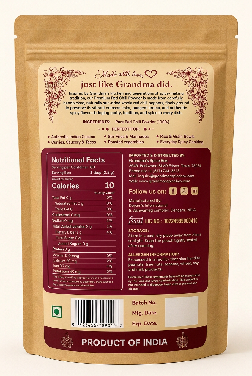 Premium Red Chilli Powder pouch, back label with ingredients and nutrition facts