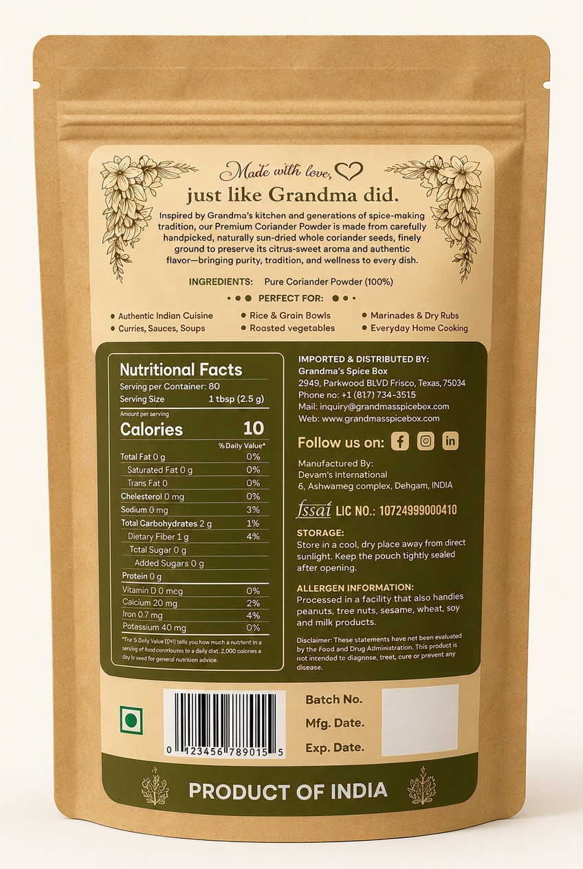 Premium Coriander Powder pouch, back label with ingredients and nutrition facts