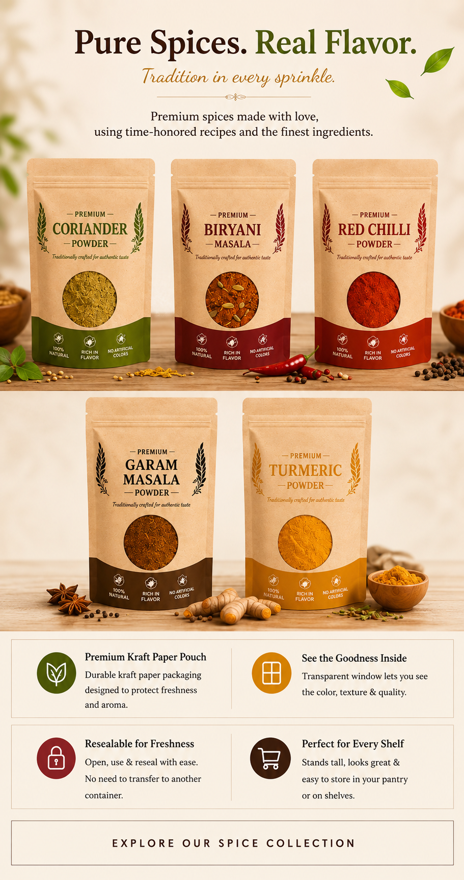 Pure Spices. Real Flavor. — Grandma's Spice Box premium Coriander, Biryani Masala, Red Chilli, Garam Masala and Turmeric pouches with packaging features
